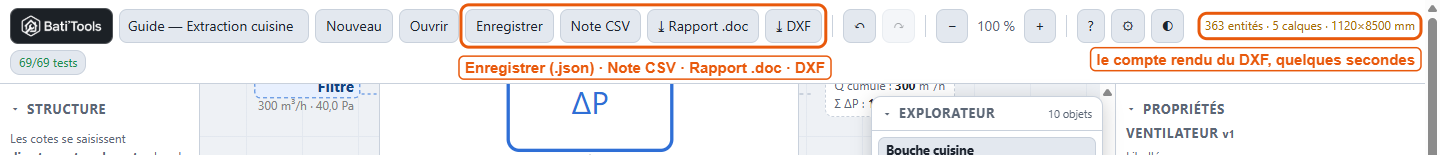 Les boutons Enregistrer, Note CSV, Rapport .doc et DXF, et le compte rendu du DXF
