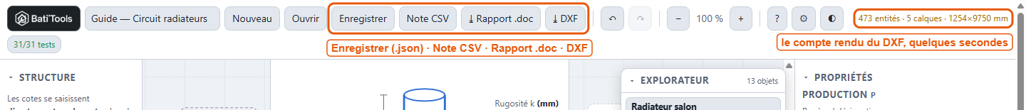 Les boutons Enregistrer, Note CSV, Rapport .doc et DXF, et le compte rendu du DXF