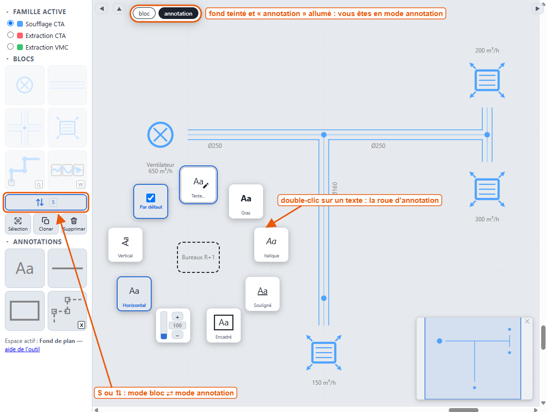 Le mode annotation : fond teinté, blocs inactifs