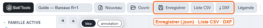 Les boutons Enregistrer, Liste CSV et DXF