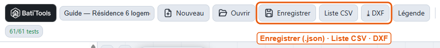 Les boutons Enregistrer, Liste CSV et DXF