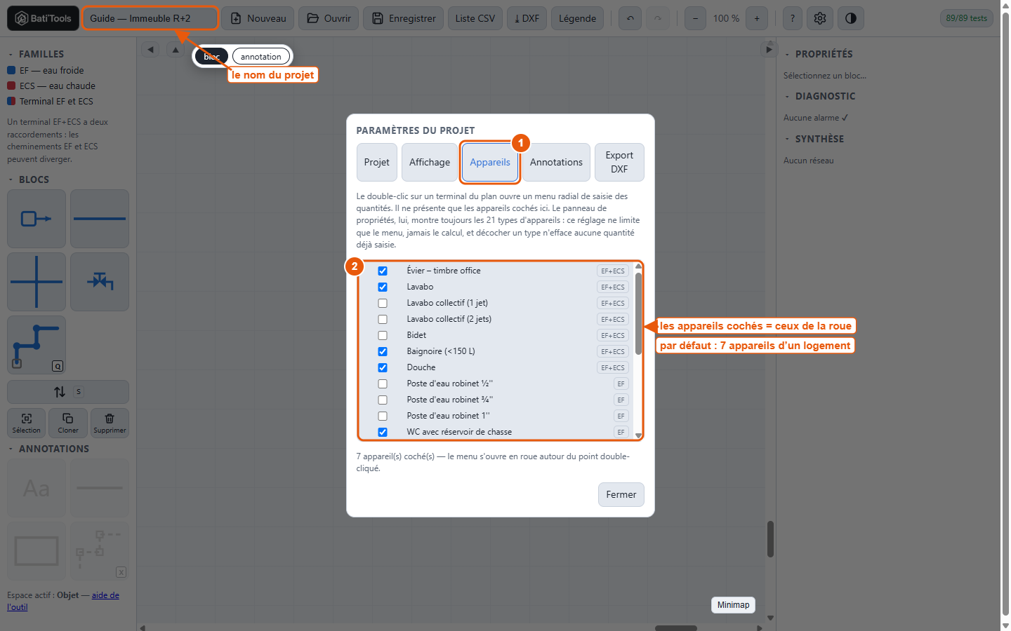 Paramètres → Appareils, et le nom dans la barre d'outils