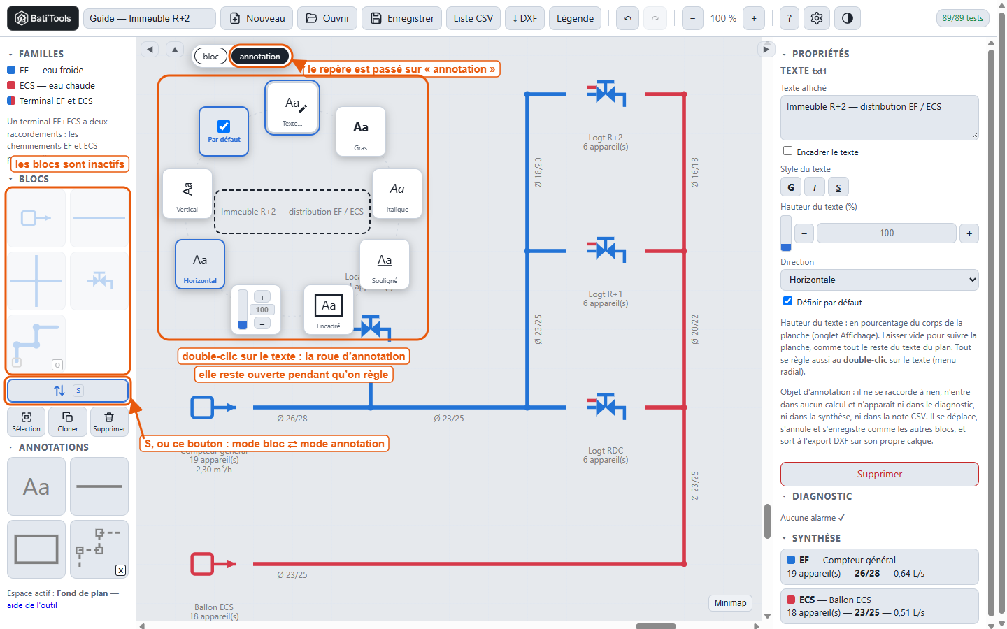 Le mode annotation : la roue d'un texte, blocs inactifs