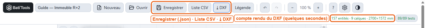Les boutons Enregistrer, Liste CSV et DXF