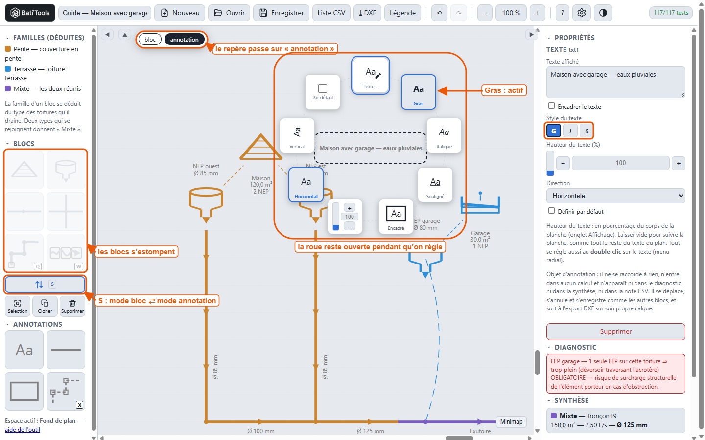 Le mode annotation : la roue d'un texte, blocs inactifs