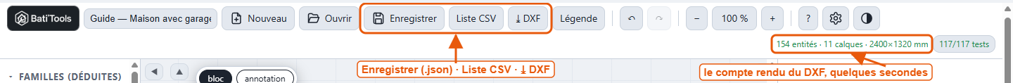 Les boutons Enregistrer, Liste CSV et DXF
