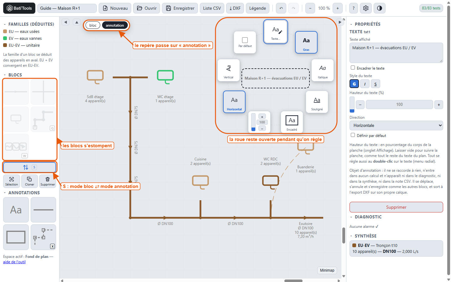 Le mode annotation : la roue d'un texte, blocs inactifs