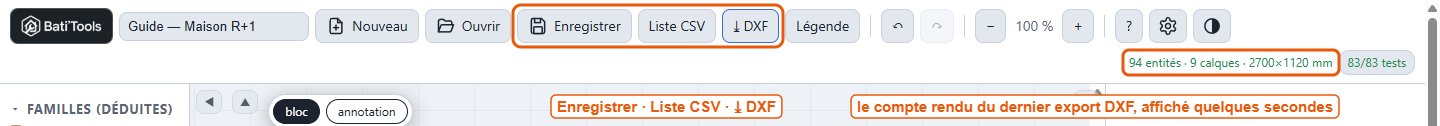 Les boutons Enregistrer, Liste CSV et DXF