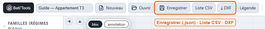 Les boutons Enregistrer, Liste CSV et DXF