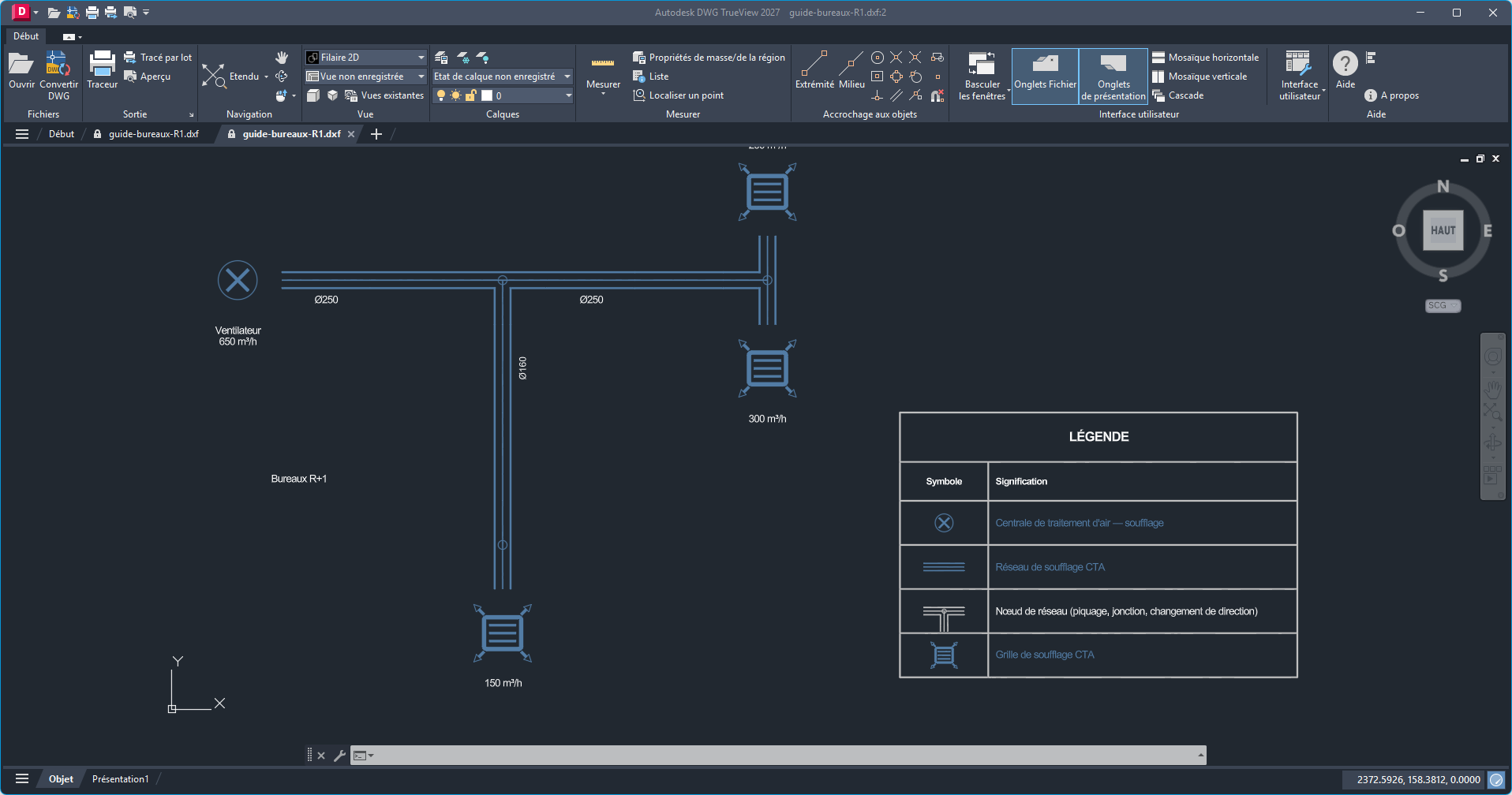 Le DXF de l'exemple « Bureaux R+1 » ouvert dans un logiciel de DAO