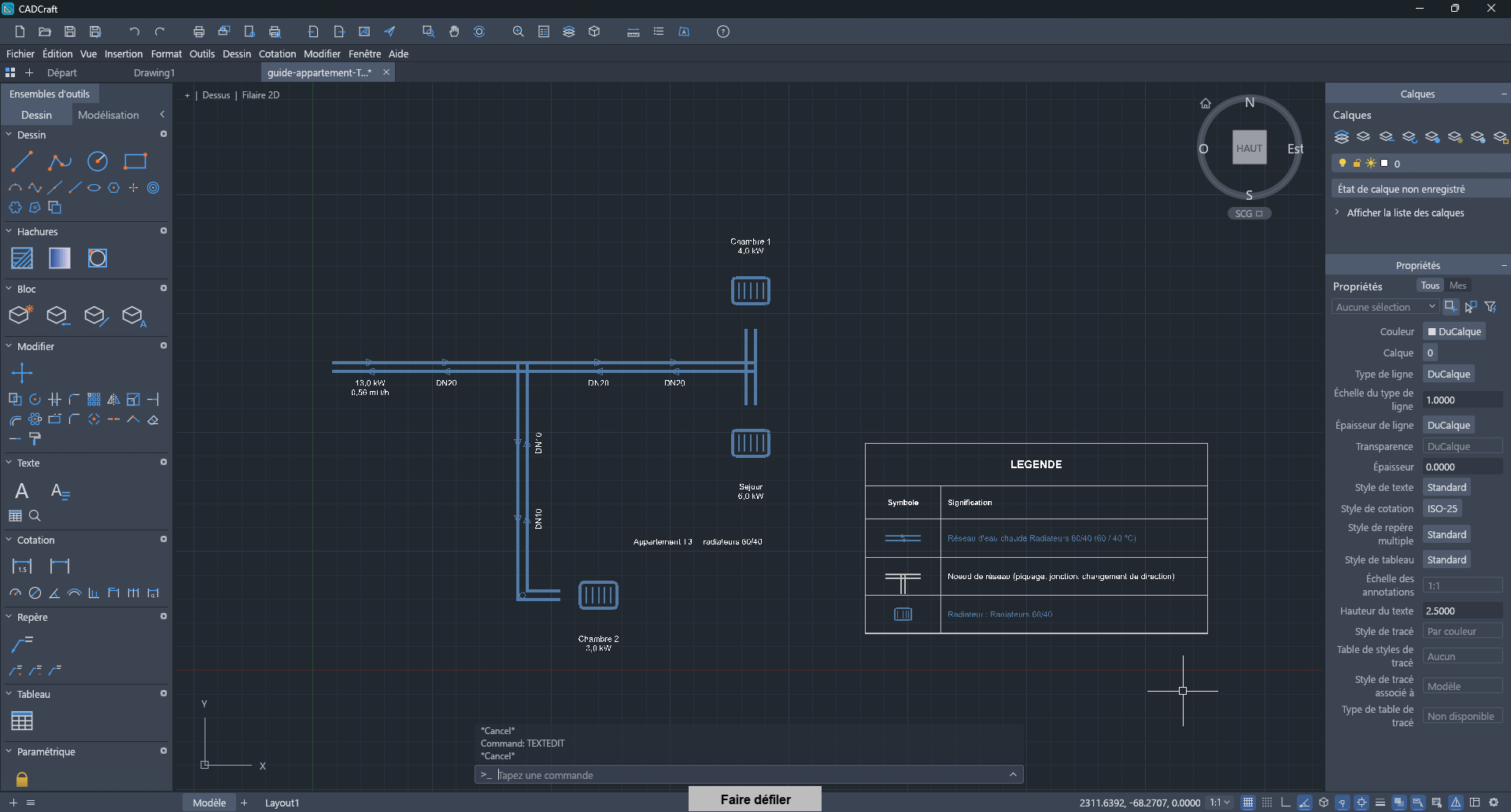 Le DXF de l'exemple « Appartement T3 » ouvert dans un logiciel de DAO