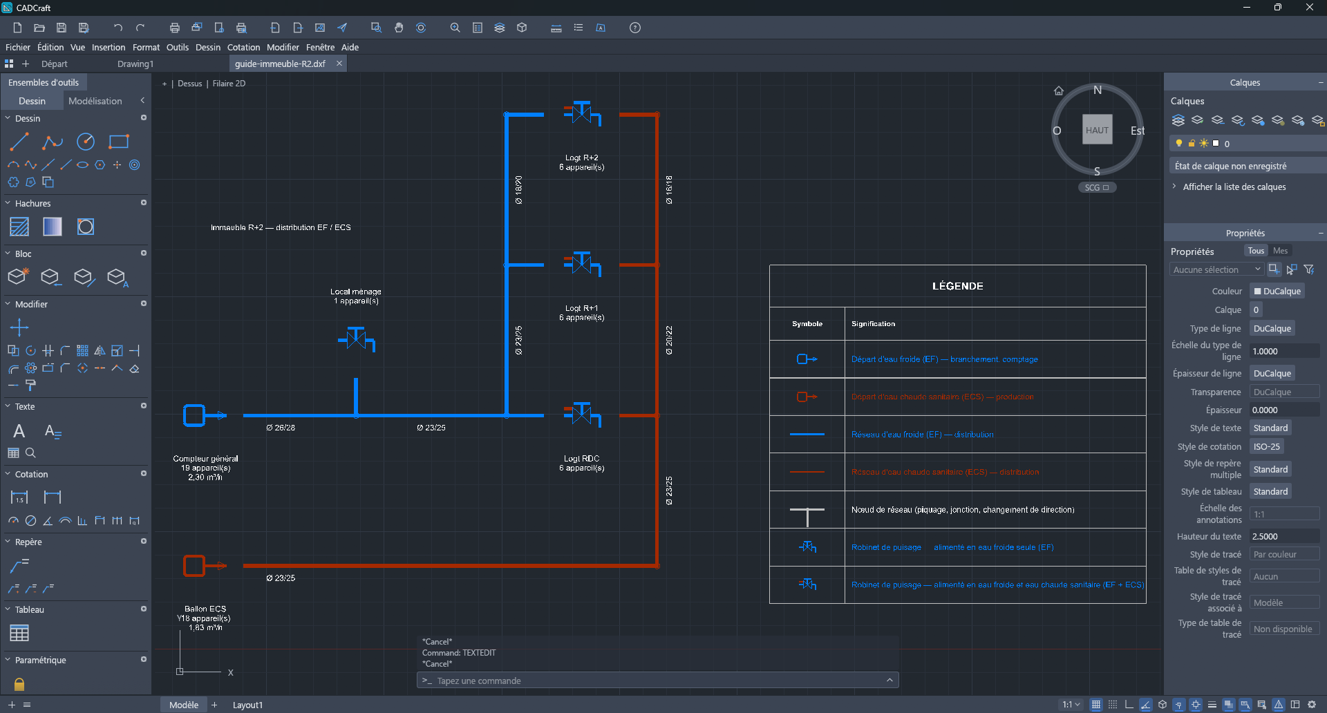 Le DXF de l'exemple « Immeuble R+2 » ouvert dans un logiciel de DAO