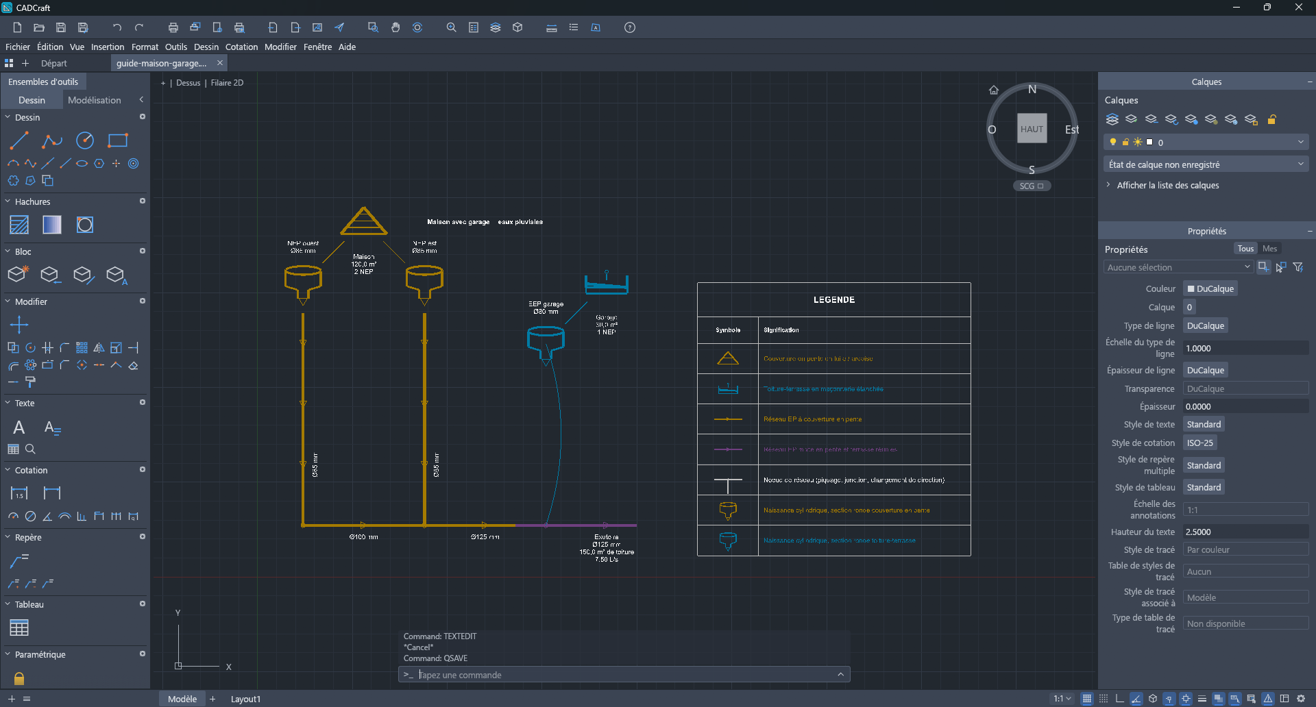 Le DXF de l'exemple « Maison avec garage » ouvert dans un logiciel de DAO