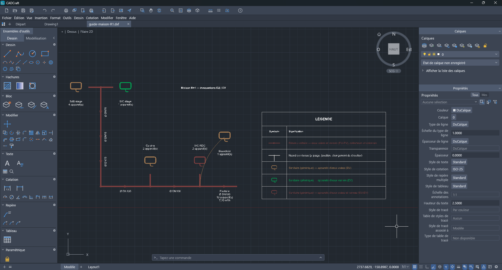 Le DXF de l'exemple « Maison R+1 » ouvert dans un logiciel de DAO